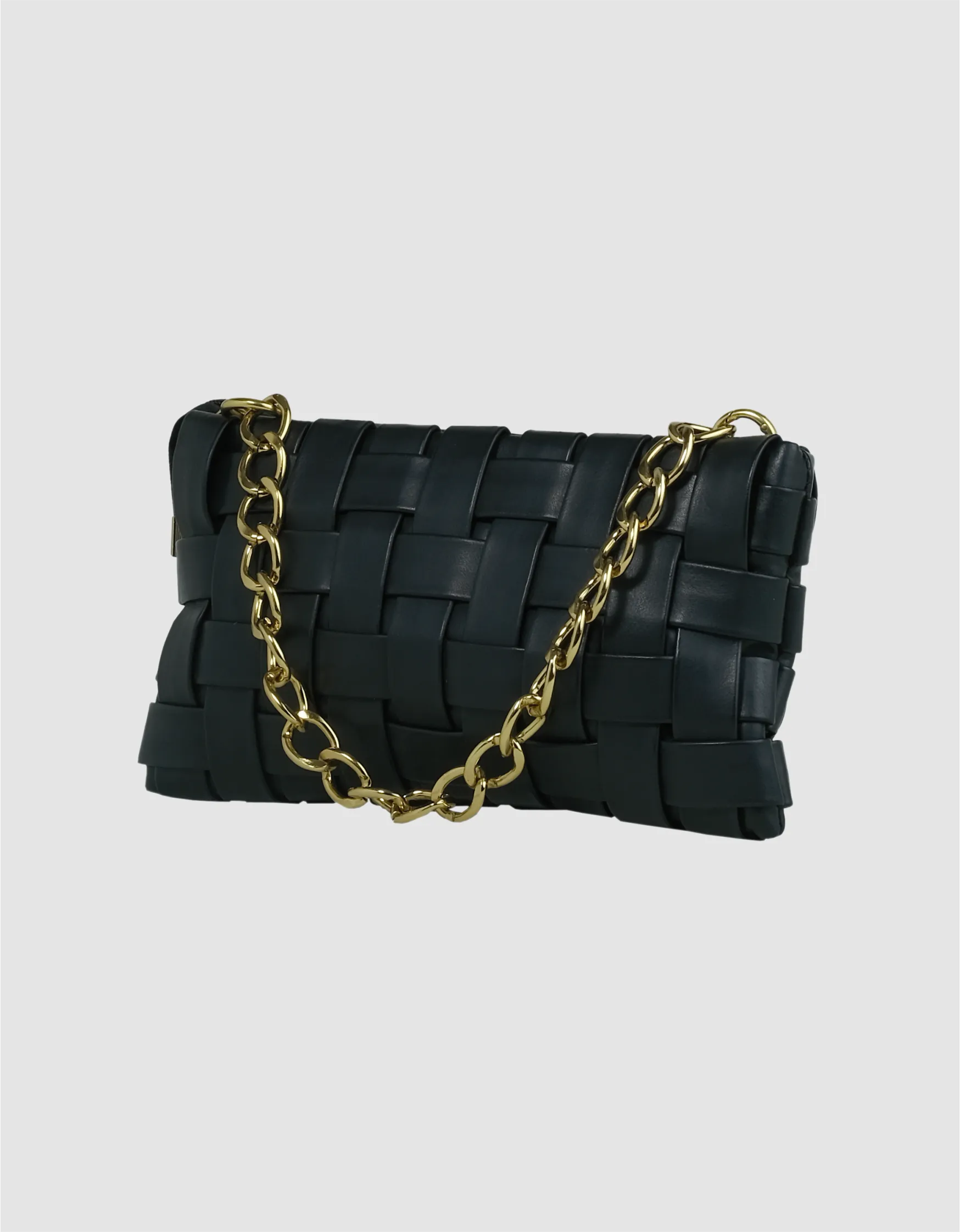 Stylish black handbag with artisan design, structured shape, and gold chain strap — trendy women's bag online.