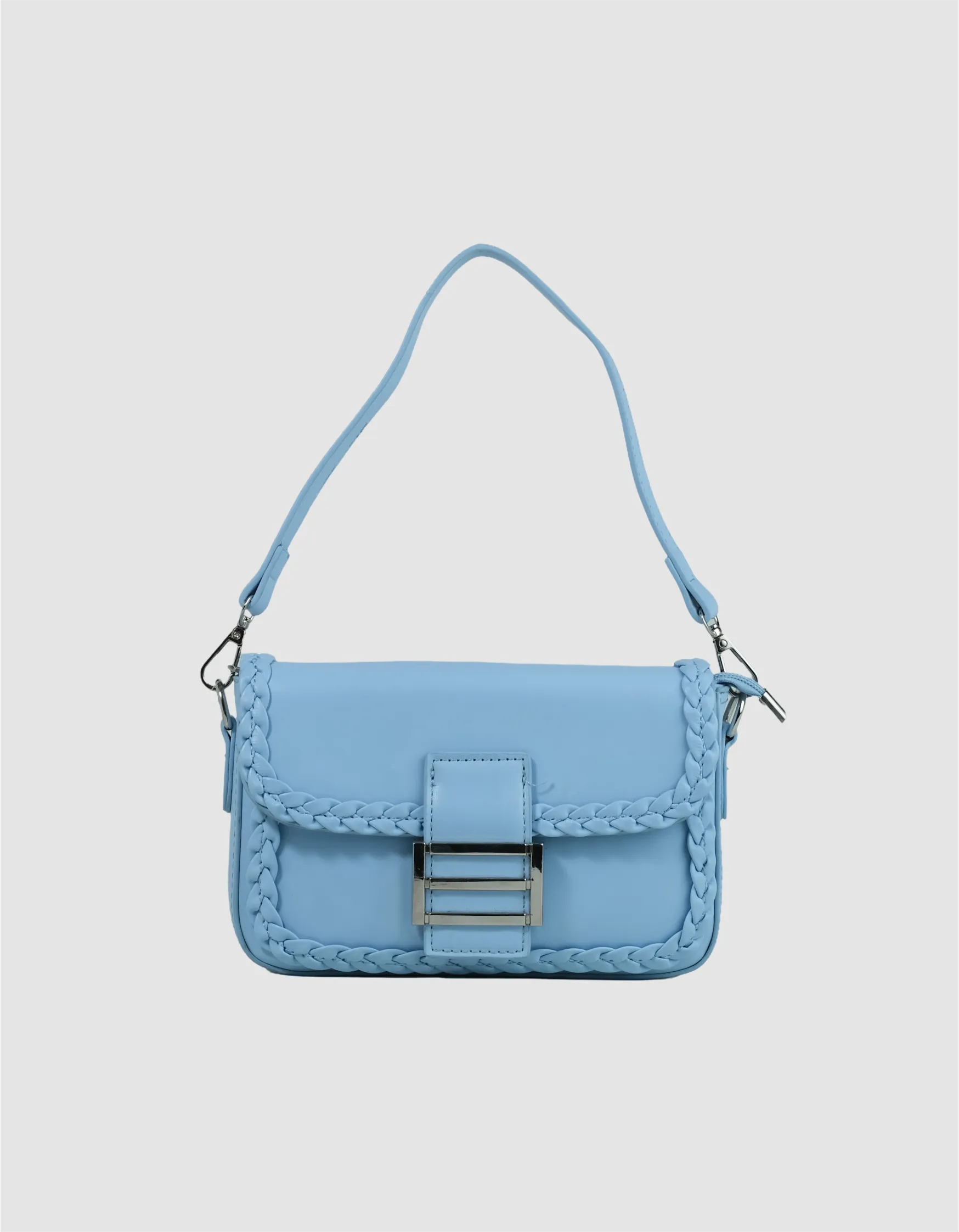 Trendy light blue shoulder bag with braided detail, a fashionable handbag for women.
