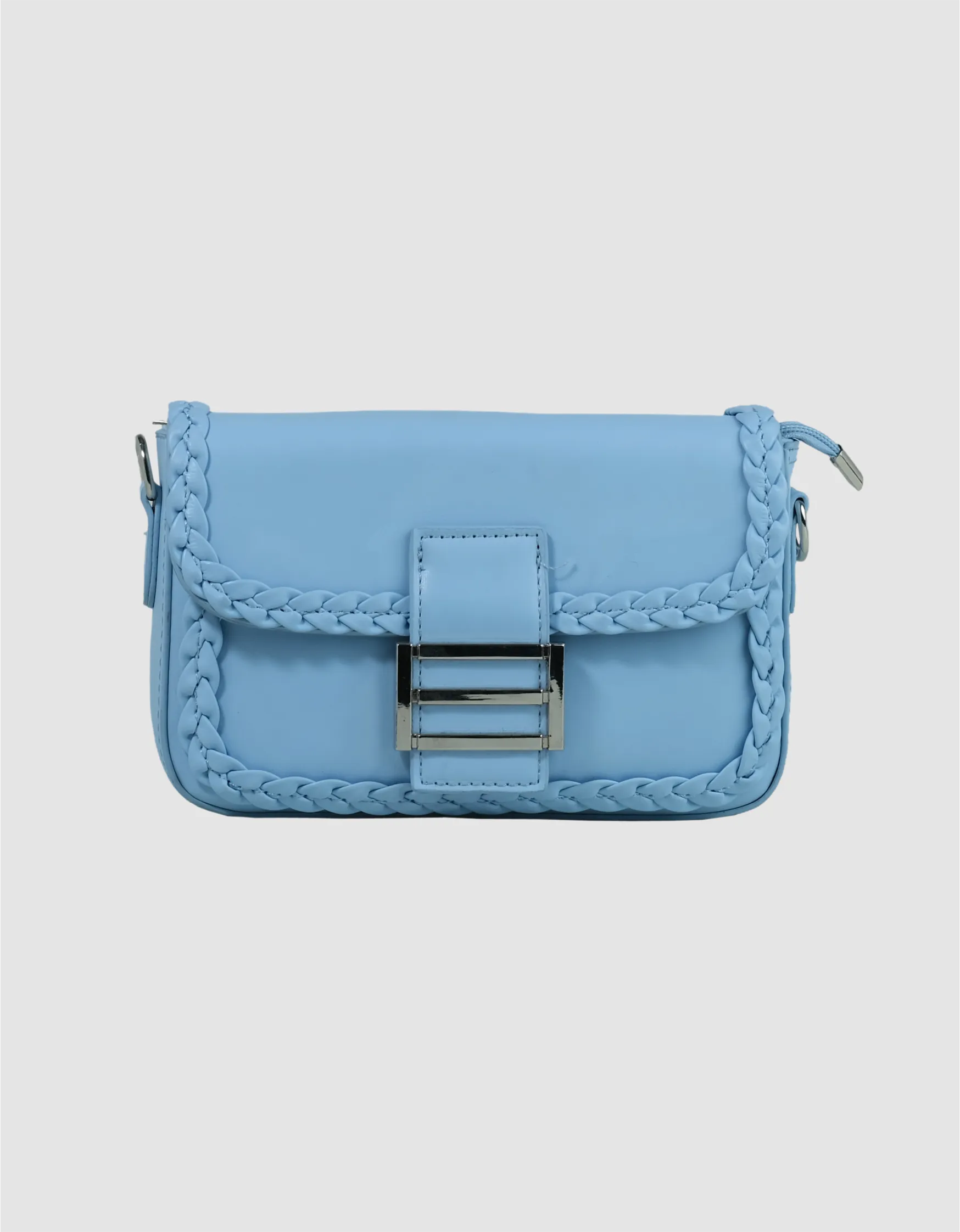 Modern pastel blue shoulder bag with a braided edge, a trendy shoulder bag for ladies.