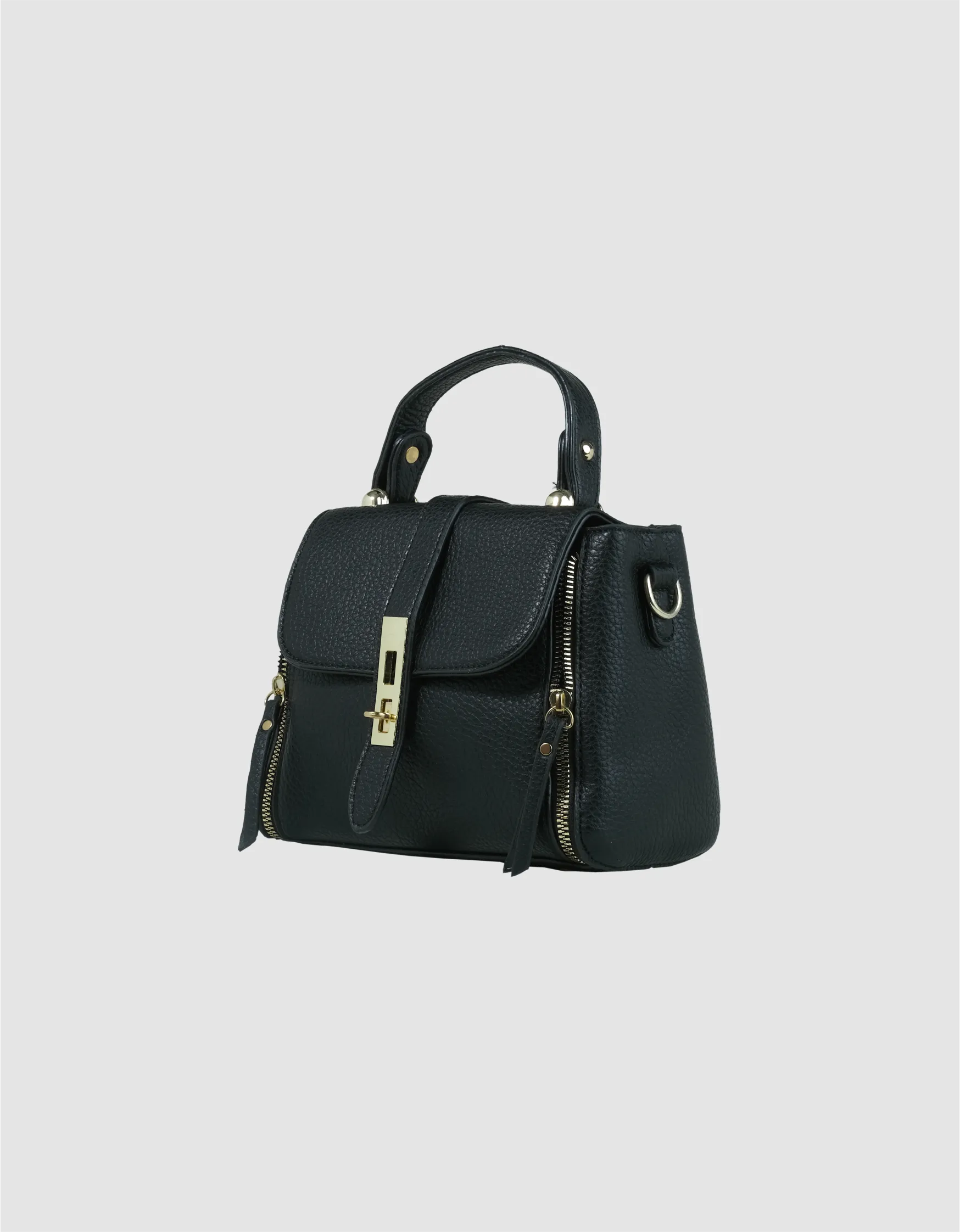 Trendy women's black sling bag with luxurious gold detailing and chain strap.
