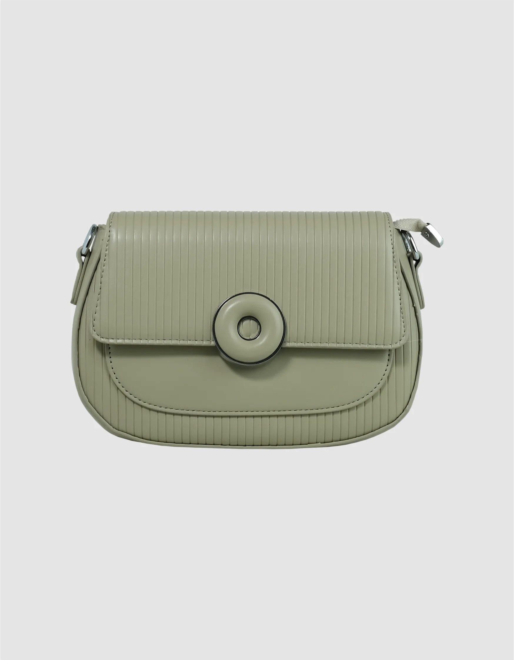 Green Core Circle Sling Bag with a sophisticated design and circular button clasp, ideal for designer bags.