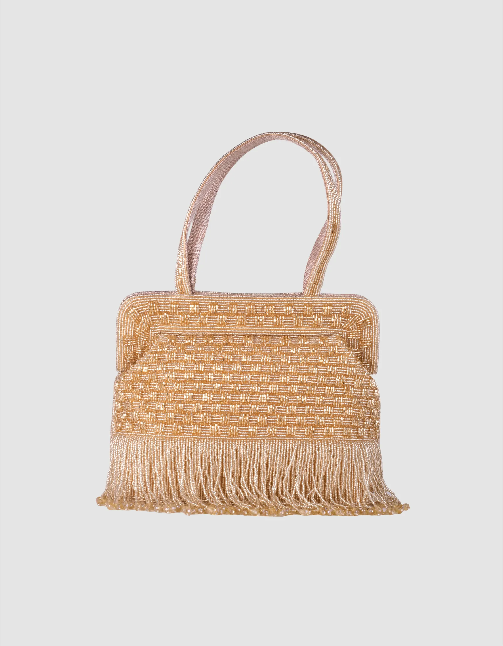 The Golden Dazzling Bead Cascade Handbag adds a touch of elegance and sparkle, perfect for a wedding bag.
