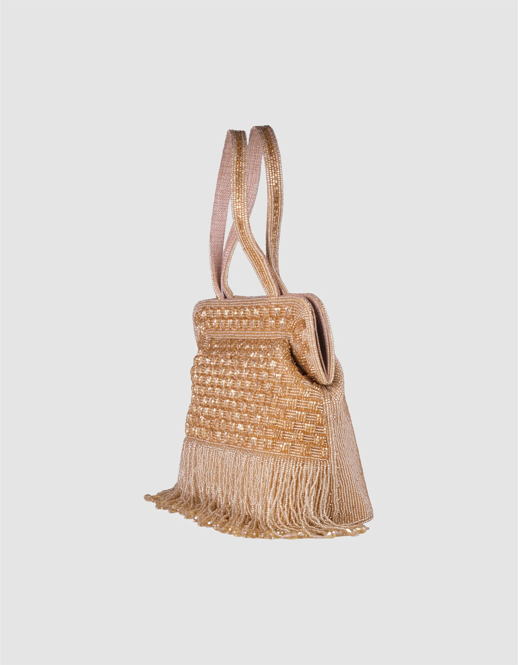 Golden Beaded Bridal Handbag featuring cascading beads, ideal for brides who love intricate bridal bags online.